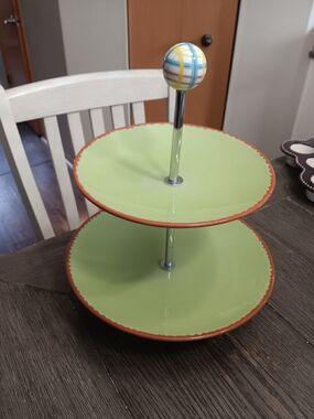 Unk Two-Tier Lime Green and Orange Ceramic Serving Stand with Striped Knob